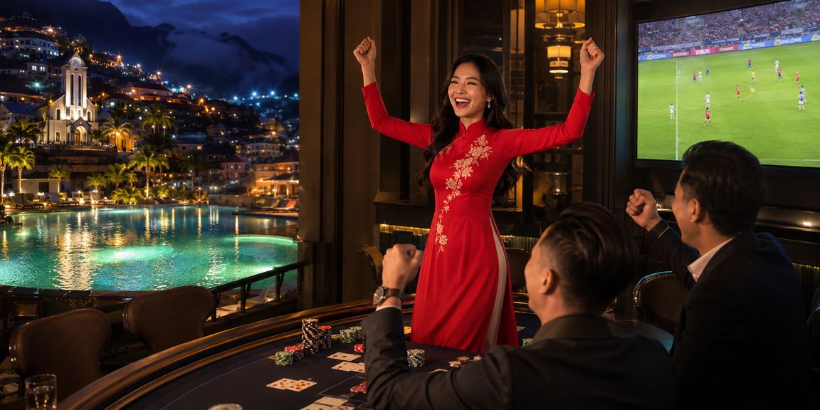 Cảnh casino trực tuyến với ánh sáng neon trên nền màu tối